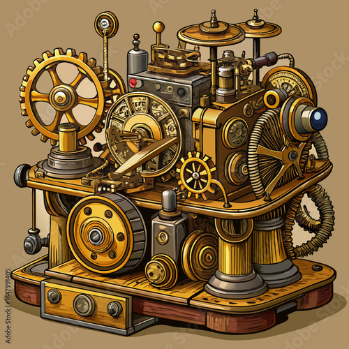 Intricate steampunk machine, gears and brass, complex design.
