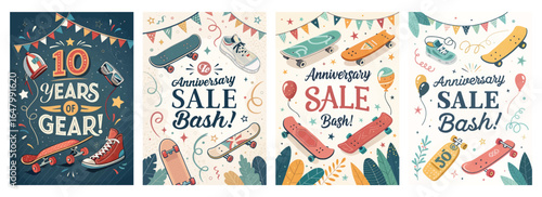 Colorful anniversary sale banners featuring skateboards, sneakers, and festive decorations celebrating 10 years.