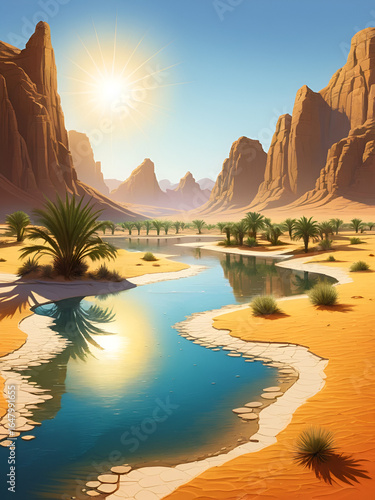 A parched desert landscape meets a flooded oasis under a blazing sun. Oasis. Illustration