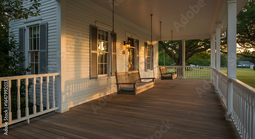 A farmhouse with a large, inviting front porch swing