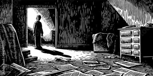 Desolate room, lone figure, empty space, a sense of loss.