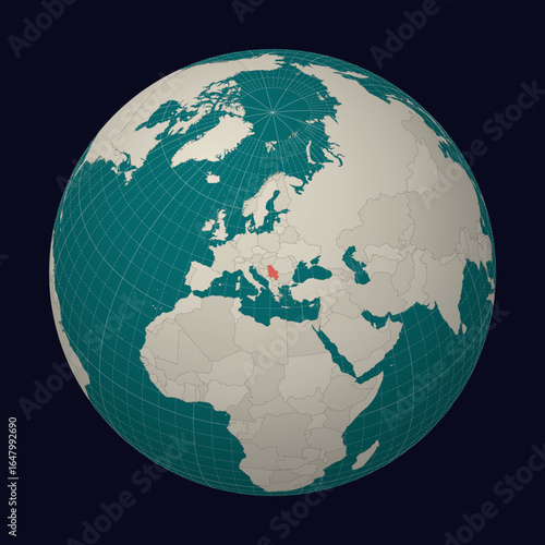 Republic of Serbia on the map. Globe centered to Serbia. Country location on the world map. Teal Pale Mint color palette. Globe with countries, meridians and parallels. Awesome vector illustration.
