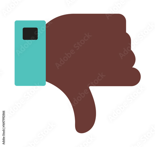 A flat design vector icon of a hand with a dark brown skin tone and a teal sleeve making the universal thumbs-down gesture for disapproval.