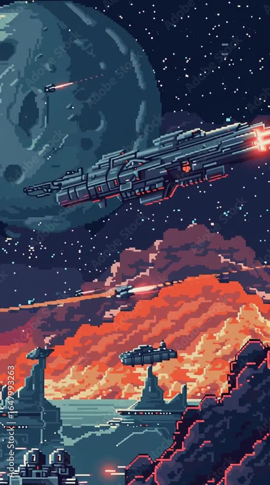 Pixel art scene depicting a dynamic space battle with futuristic ships ...