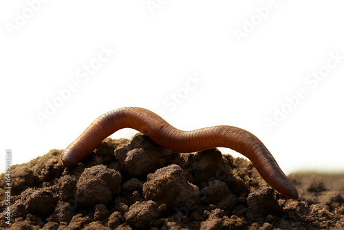 Single earthworm crawling over lumpy soil mound in sunset light with transparent background