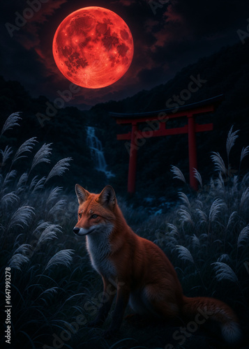 A lone fox siting in the middle of amur silvergrass, with a red toori, a waterfall and a majestic red moon in the sky