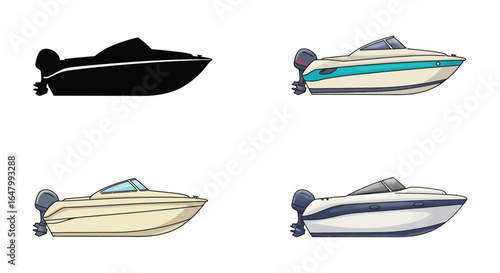 Four Speedboats in Different Colors Isolated on White Background Vector Illustration