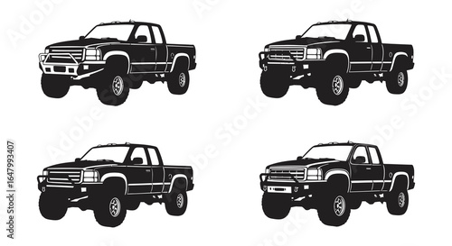 Four Black and White Off Road Pickup Truck Silhouettes on White