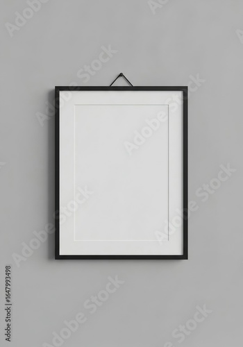 A black picture frame hangs on a gray wall with a string attached to the top isolated on white background