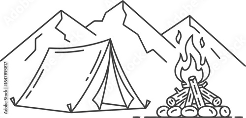 Minimalist monoline icon mega pack featuring 60+ cohesive black outline illustrations across travel, food & drink, sports, nature, music, home, and security. Includes motifs like airplane window, camp