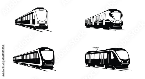Set of four modern train illustrations in black and white for graphic design