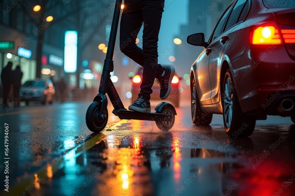 Fototapeta premium Capturing the Contrast between Chaos and Stillness: A Creative Photo Idea of a Man on an Electric Scooter Overrun by a Car