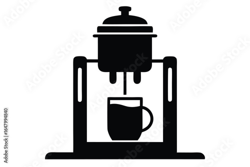 Black Silhouette Image Depicting a Coffee Maker Dispensing Beverage into Mug