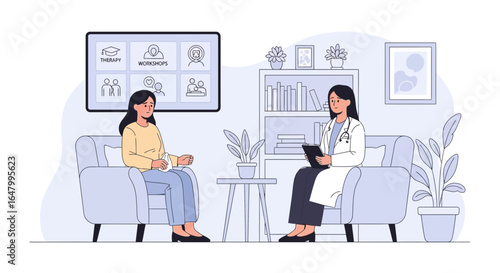 Mental health session: Patient and therapist engaged in virtual care consultation