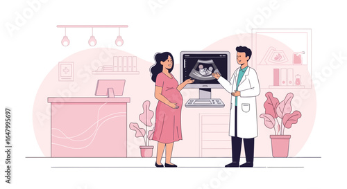 Expectant mother viewing sonogram with her doctor during prenatal checkup
