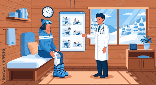 Skier receives rehabilitation instructions from doctor for knee injury recovery