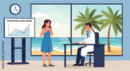 Doctor consultation with respiratory illness patient in beachside clinic