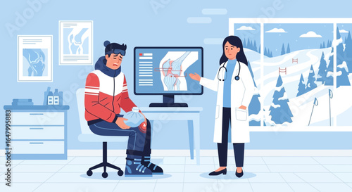 Consultation for skier knee injury with doctor using medical imaging display