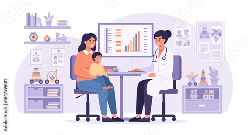 Illustration of a pediatrician examining a child with mother in her office