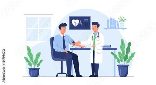 Medical consultation in office, doctor checking patient blood pressure for examination