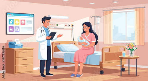 Mother and newborn baby with doctor in postnatal ward illustration