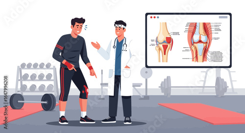 Doctor explaining a patient's knee injury after a gym accident examination