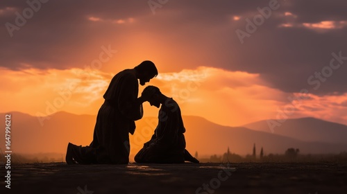 The return of the prodigal son, where the repentant child kneels before his father who lovingly touches his head, showing mercy, forgiveness, and unconditional love.