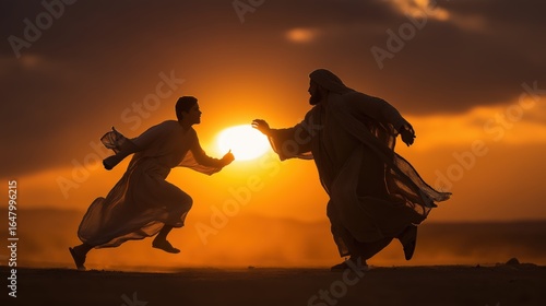 The prodigal son running into his father’s open arms, the father welcoming him with joy and compassion, a vivid scene of forgiveness, mercy, and unconditional love from the biblical parable.