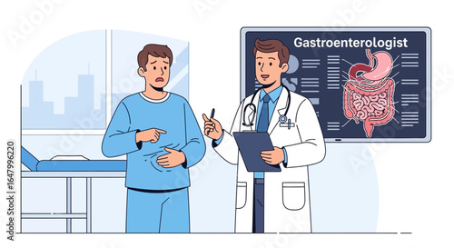 Illustration of a patient consulting with a gastroenterologist about abdominal issues