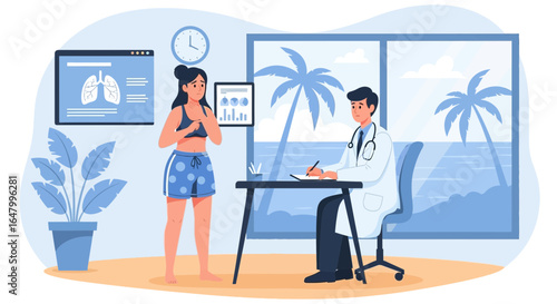 Concerned female patient seeking medical advice from a doctor with tropical ambiance