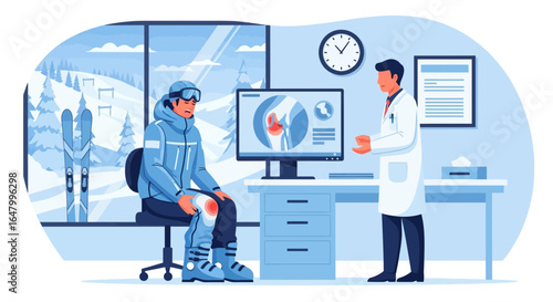 Orthopedic consultation for knee injury after skiing accident in winter resort