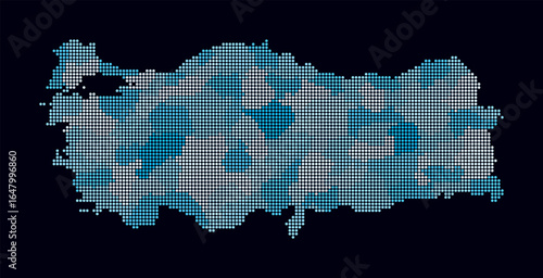 Turkey dotted map. Digital style map of the country on dark background. Turkey shape with circle dots. Colored dots style. Small size circles. Creative vector illustration.