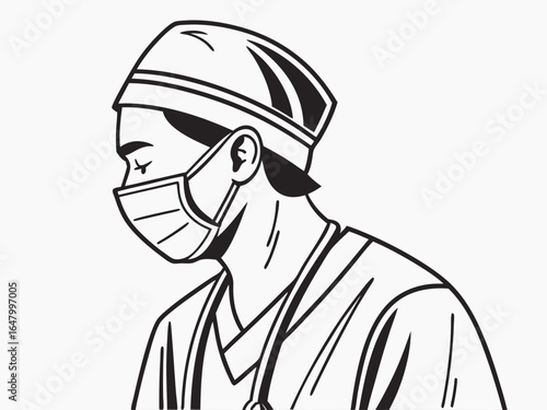 Doctor in scrubs, mask, thoughtful expression.
