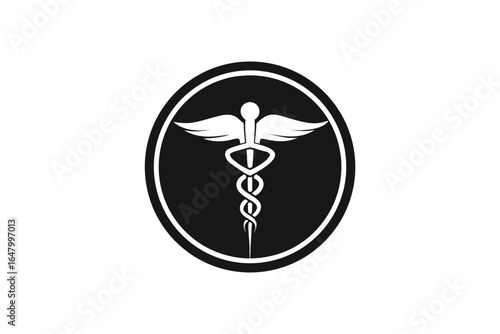 Medical symbol, caduceus, in a circle.
