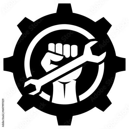 A powerful fist holding a wrench, within a gear, symbolizing labor and change.
