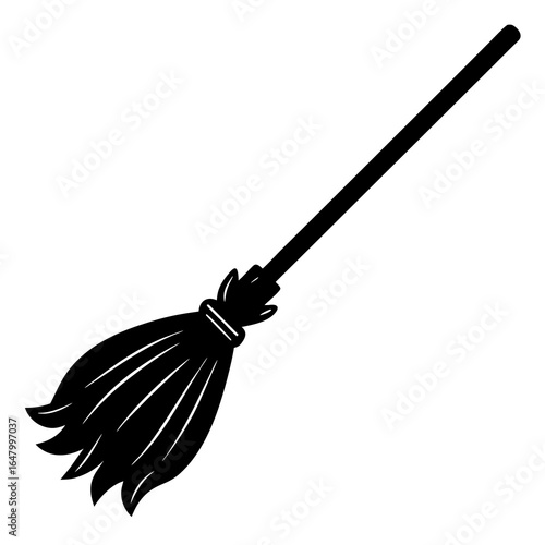 Simple black silhouette of a witch's broom.
