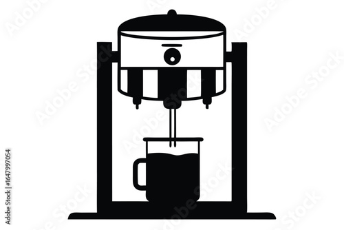 Elegant Black and White Depiction Coffee Machine Brewing Coffee into Glass Mug