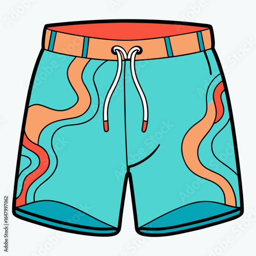 Teal swim trunks with orange and coral wavy patterns.

