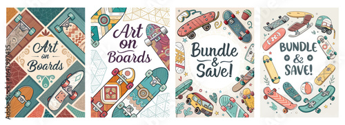 Colorful skateboard graphics showcasing artistic designs and promotions for bundles and savings.