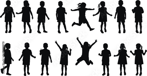 Silhouettes of children standing, walking, jumping, pointing, playing, various poses, vector black figures, isolated