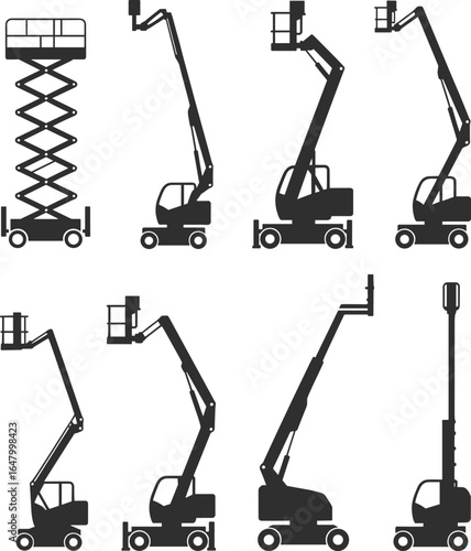 Collection of aerial work platforms, boom lifts, and scissor lifts in black silhouette style for construction, maintenance, and industrial access equipment vector design