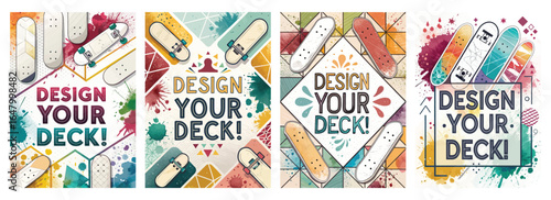 Colorful skate deck design posters featuring vibrant graphics and playful elements.