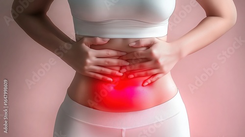 Asian woman in white yoga pants, holding her stomach with a pained expression, depicting bloating or premenstrual symptoms.