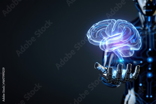 Futuristic AI Robot Holding Holographic Brain Technology Innovation Concept 3D Render - Artificial Intelligence Digital Mind Cybernetics Science Vision Future Tech Design