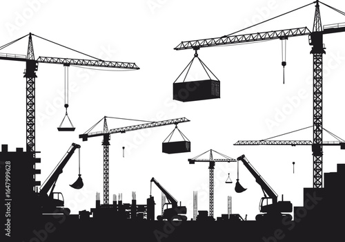 Construction site silhouette with tower cranes, excavators, lifting containers, heavy machinery, industrial equipment, building structure, working cranes, construction work, black vector illustration