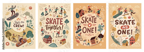 Colorful skateboarding illustrations showcasing diverse individuals in various activities celebrating unity.
