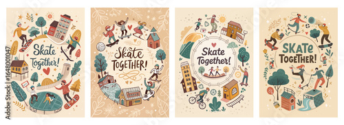 Playful illustrations of diverse skaters enjoying activities in a vibrant community setting.
