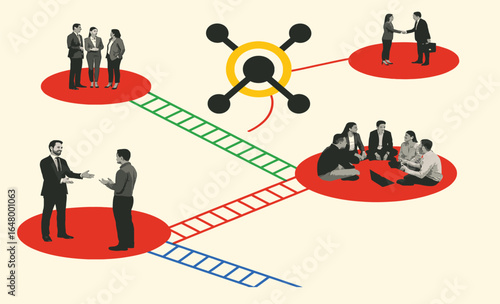 Networked Collaboration Illustration – People on Red Platforms Linked by Colorful Ladders to Central Node Representing Decentralized Teamwork, Communication, and Social Connectivity