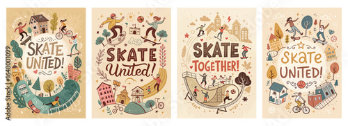 Colorful and playful illustrations promoting skate culture with diverse skaters and urban scenes.