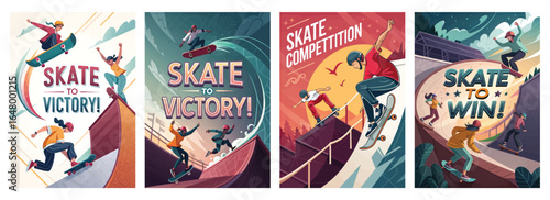 Dynamic skateboarders performing tricks in a colorful competition-themed illustration.